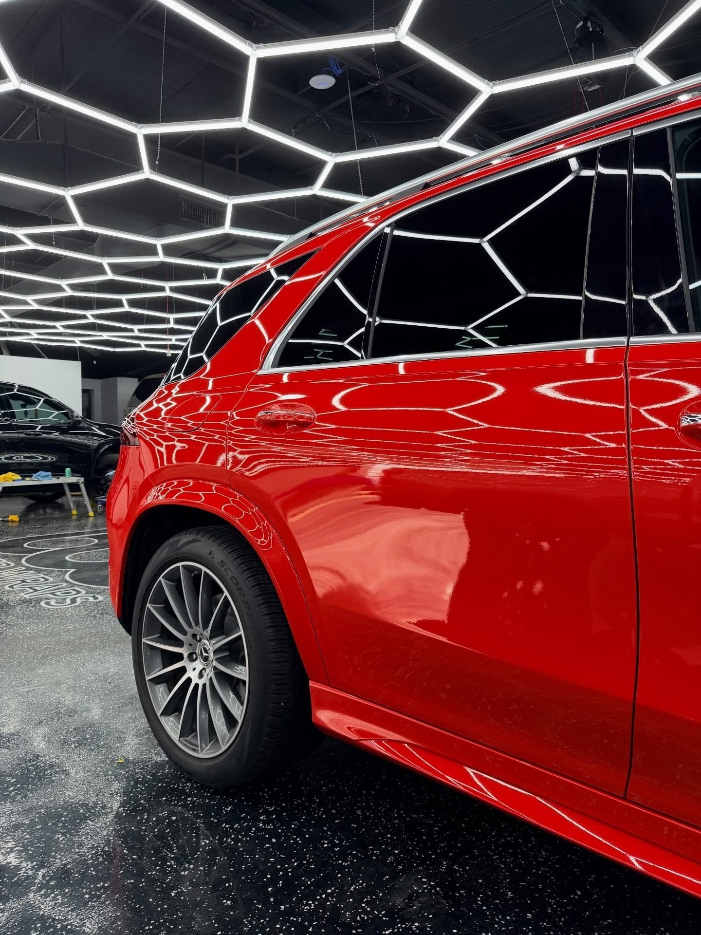 Red Mercedes GLE ceramic tint side profile at Sleepr Studio College Station TX