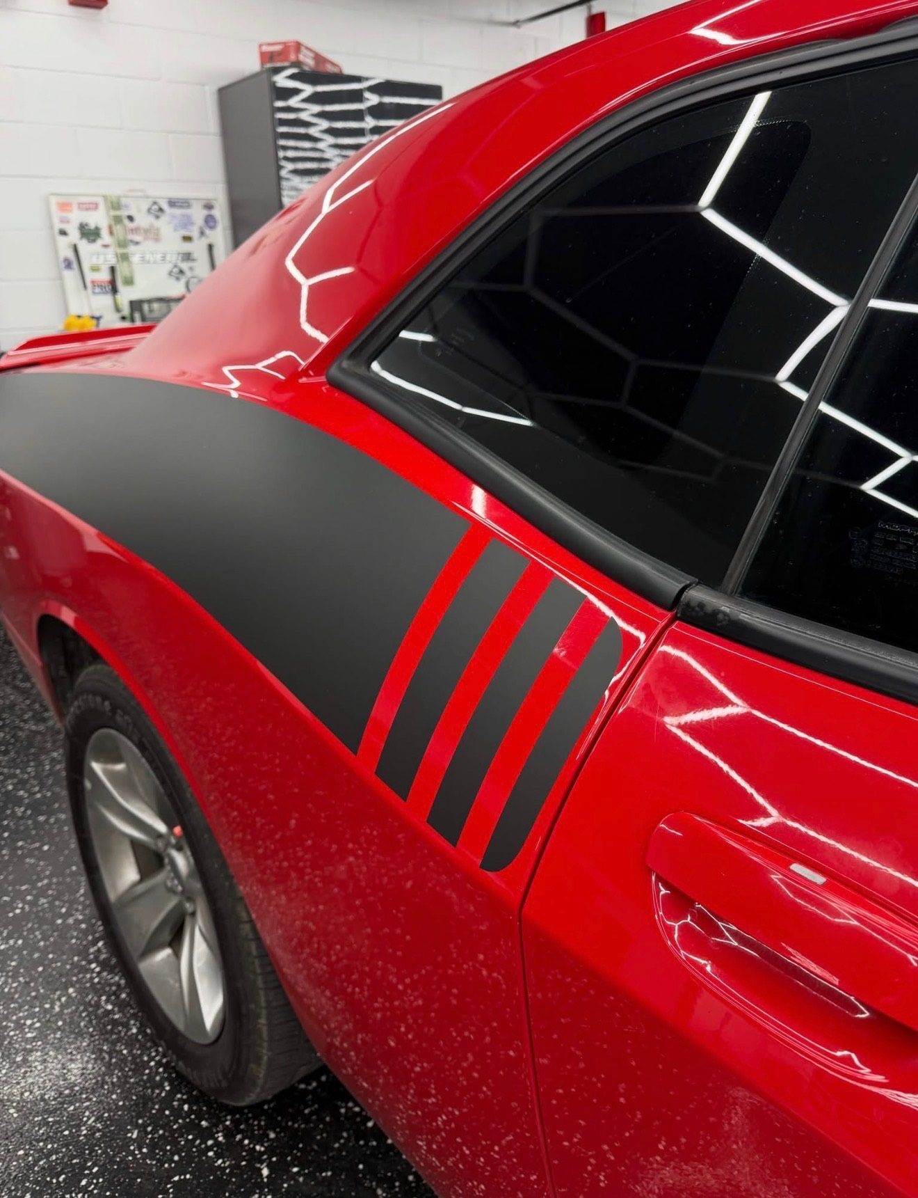 Red Dodge Challenger matte black racing stripes side detail — Sleepr Studio College Station TX