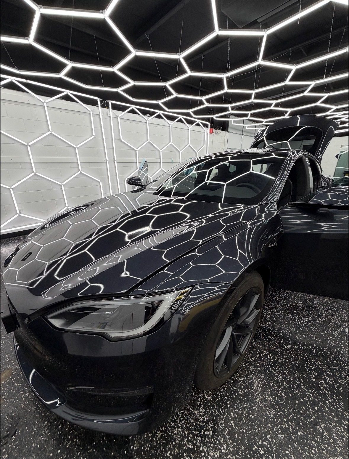 Black Tesla Model S PPF protection package front 3/4 view — Sleepr Studio College Station TX