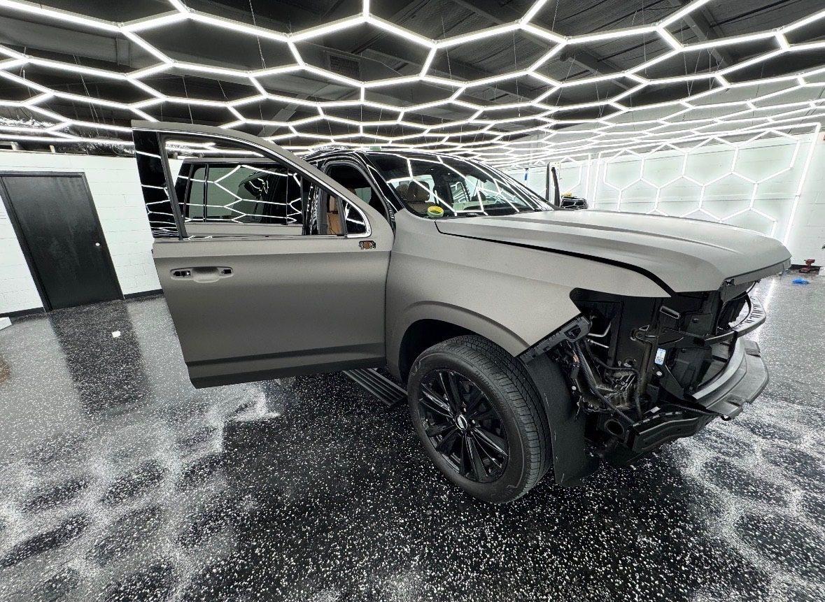 Mercedes-Benz GLS matte gray wrap install bumper removed — Sleepr Studio College Station TX