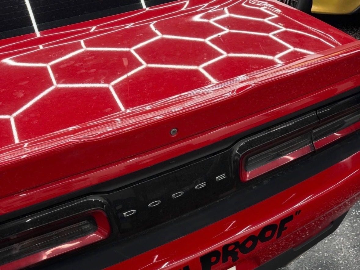 Dodge Challenger ceramic coating trunk detail at Sleepr Studio College Station TX